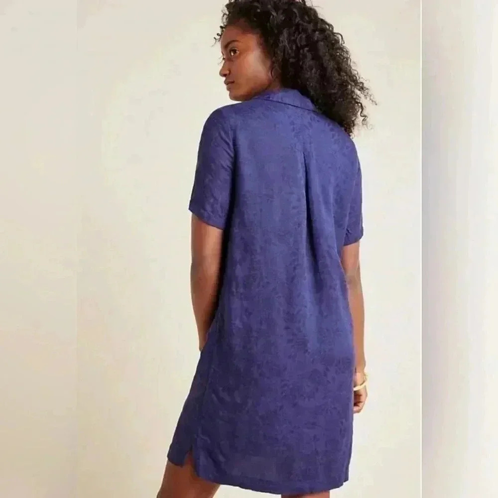 Anthropologie Navy Finley Floral Jacquard Lace-Up Linen Blend Shirt Dress 12 - Picture 2 of 16